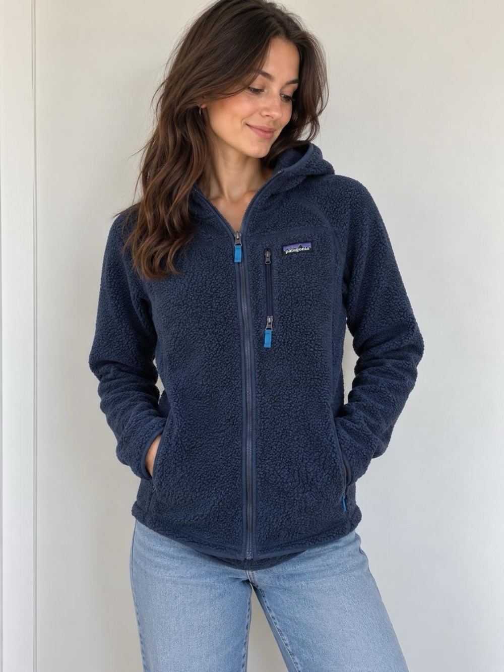 Patagonia Women’s Navy Hooded Teddy Fleece Jacket